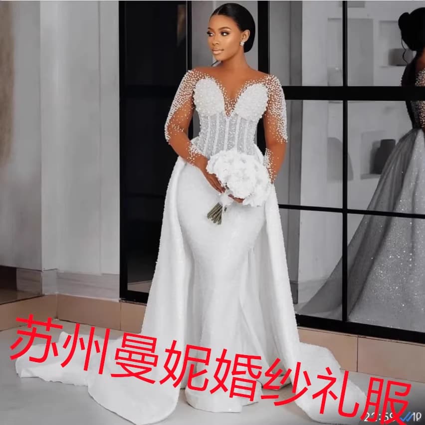 Amazon New Style Wedding Dress for Export, African Cross-border Bride Mermaid Pearl Lace Wedding Gown