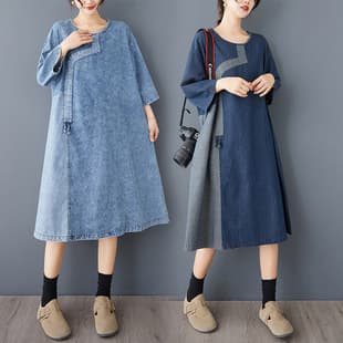 New Spring/Autumn Denim Patchwork Dress for Women, Vintage Elegant, Comfortable and Loose-fitting Denim Dress