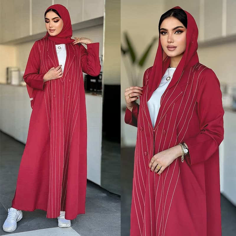 MQ182 Modest New Cross-Border Women's Contrast Stripe Chic Versatile Long Robe Fashion Coat with Headscarf