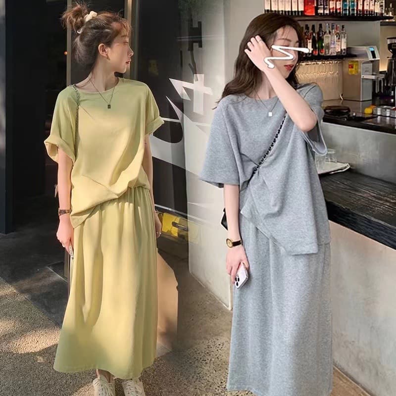 Summer Clear Age-Reducing Green Casual Two-Piece Set Solid Short-Sleeve T-Shirt + Mid-Length Slimming Skirt Sportswear Set