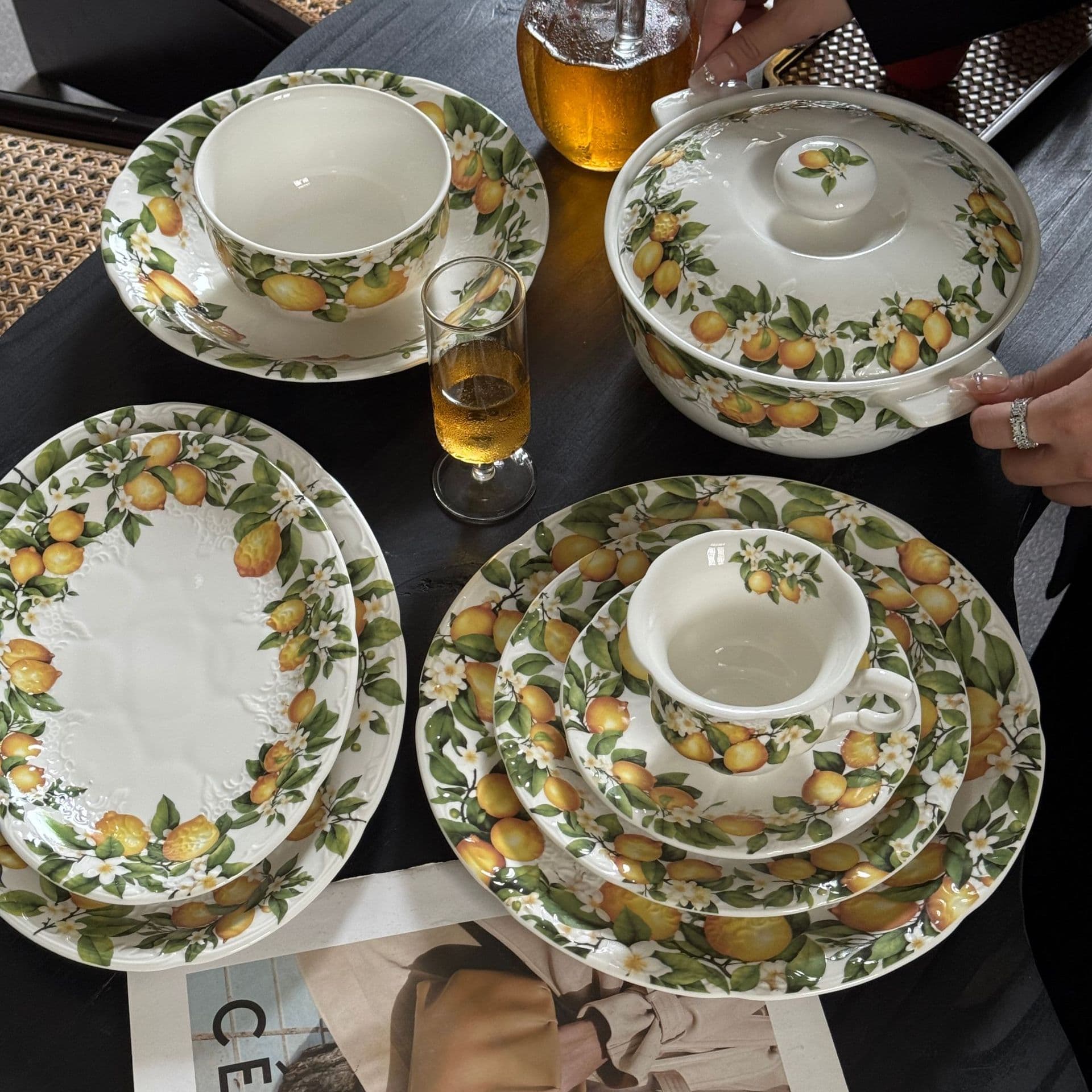 New French Relief Summer Lemon Ceramic Dinner Plate, Bowl, Goblet, Soup Bowl, Vintage Heavy-Duty Series