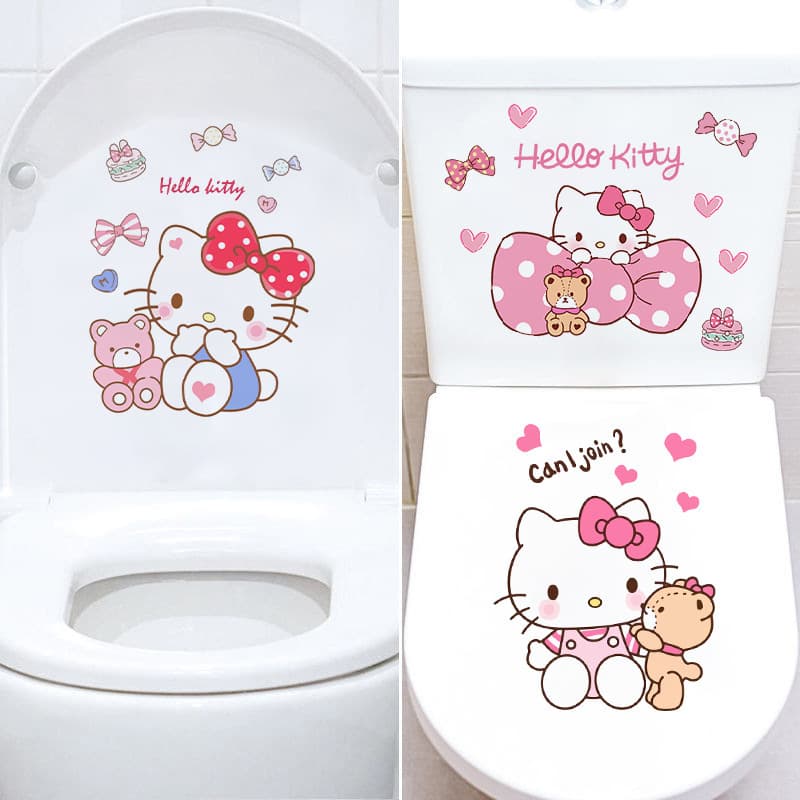Cute KT Cat Toilet Sticker Funny Personality Toilet Seat Decal Waterproof Self-Adhesive Bathroom Restroom Decorative Wall Sticker