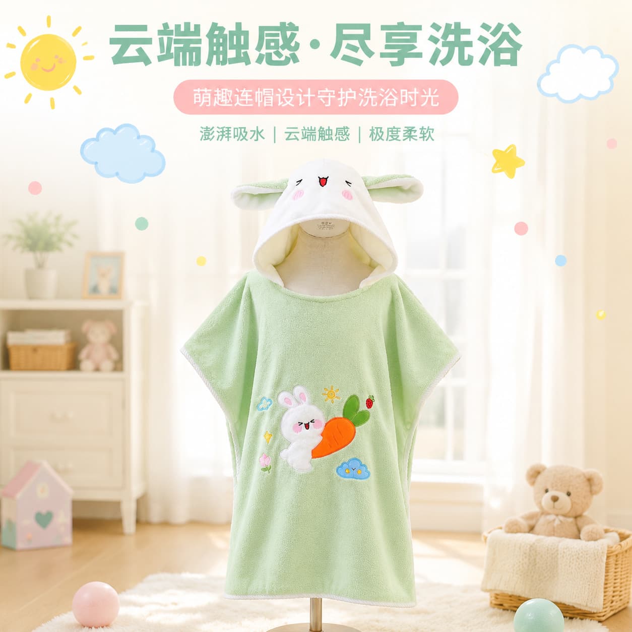 Children's bath towel, coral velvet cloak, hooded baby bathrobe, thickened, soft, quick-drying, not easy to shed