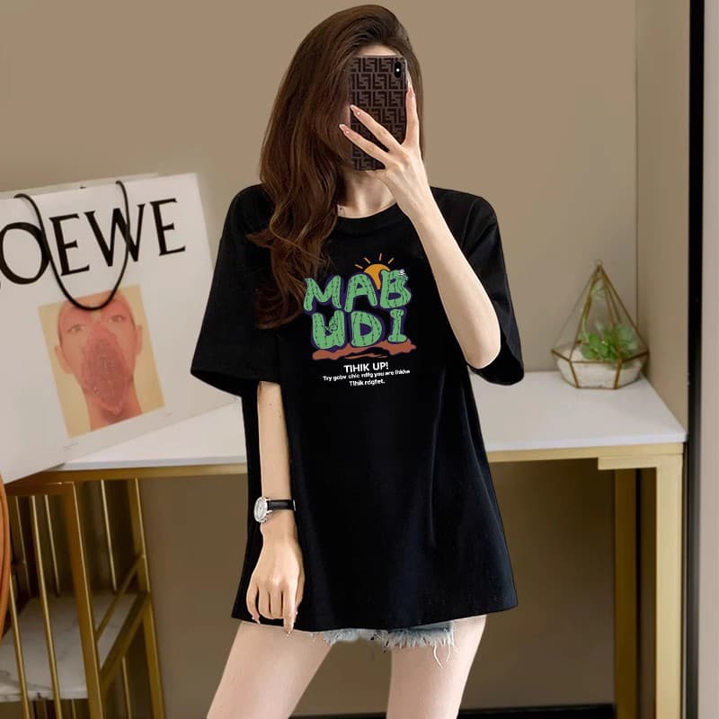 Summer European pure cotton letter printed short-sleeved T-shirt 2026 loose slimming black mid-length large size women's clothing