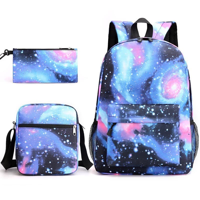 New starry sky three-piece set backpack, shoulder bag, pencil bag, school bag, elementary school student, junior high school student, high school student school bag, customized