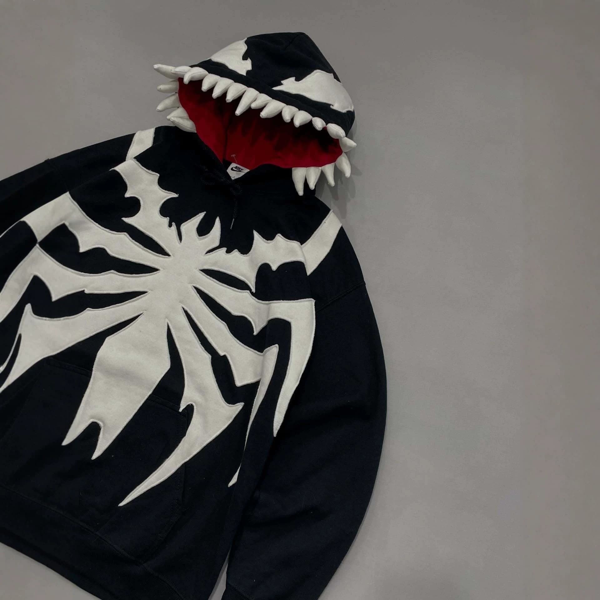 American High Street Venom 3D Fangs Hoodie Big Spider Patch Loose Drop Shoulder Hoodie Unisex Trend Jacket