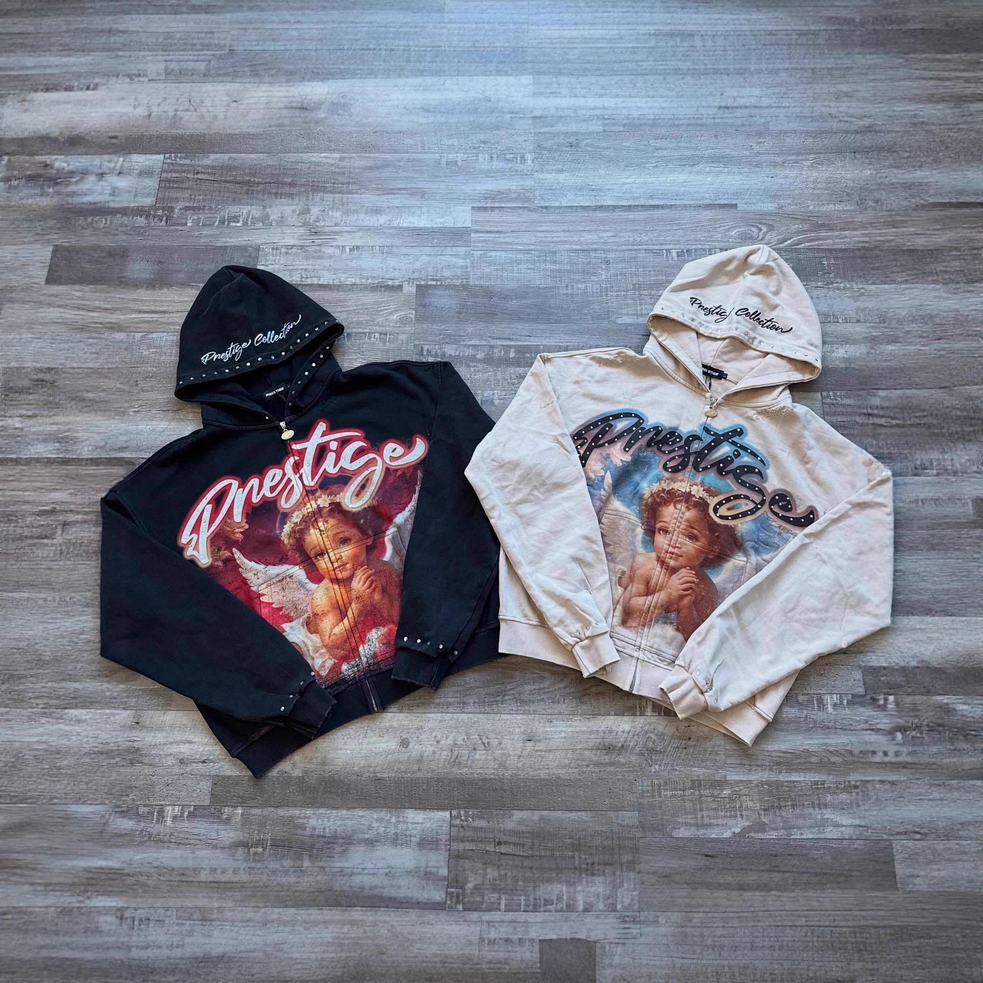 Oversized American Vintage Oil Painting Angel Zip Hoodie with Script Embroidery on Hood and Cuffs