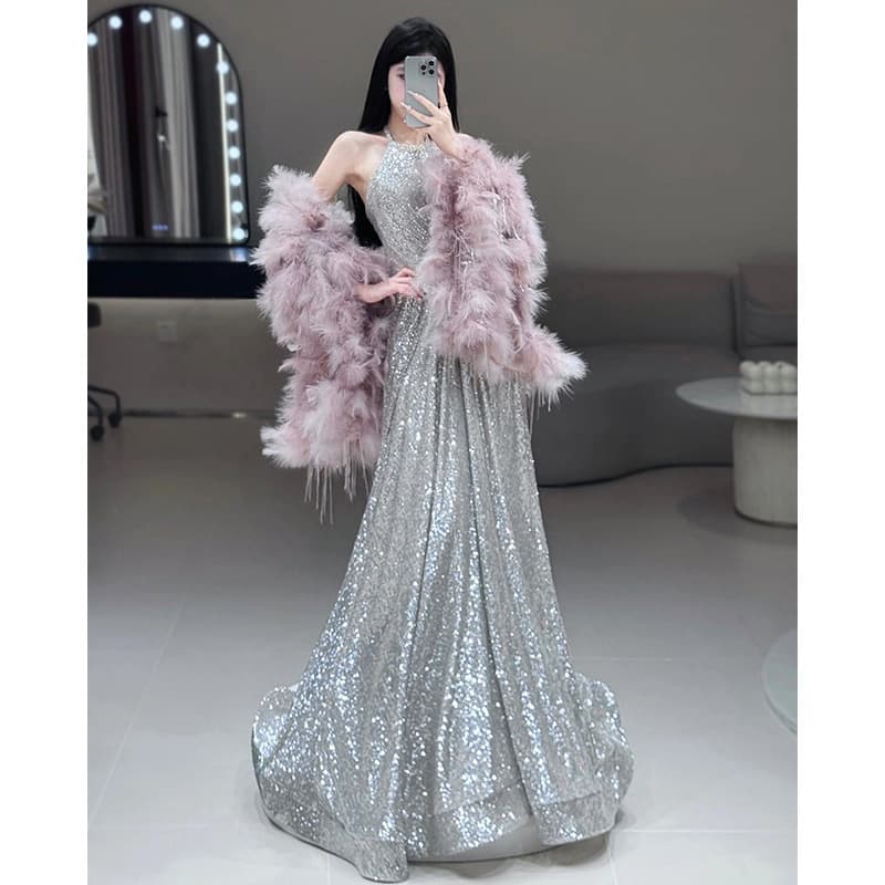 French Neck Toast Dress Bride 2026 New Light Luxury Elegant Pink Feather Shawl Banquet Sequin Evening Gown