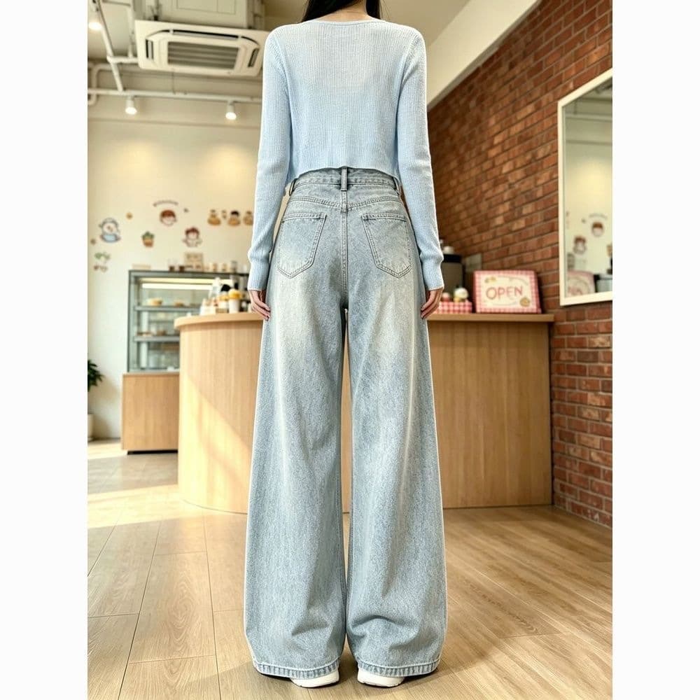 Double-button new style loose, high-waisted and slim floor-length 2026 bell-bottom wide-leg pants high light blue jeans for women