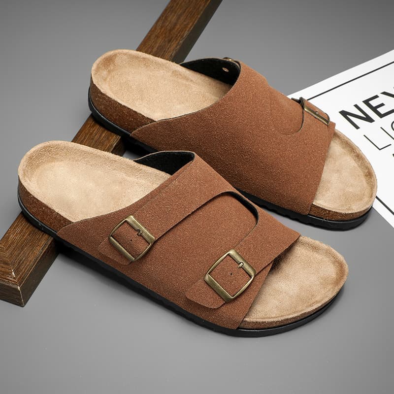 Flat Slide Sandals 2025 Spring/Autumn Double Row Buckle Cork Slippers for Men and Women Suede Flat Bottom Outdoor Sandals Drop Shipping