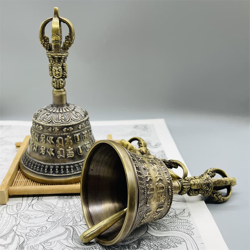 Nepalese handmade vajra bell and dagger ritual implement, Tibetan six-syllable mantra bell, a waking bell ornament with a crisp sound.