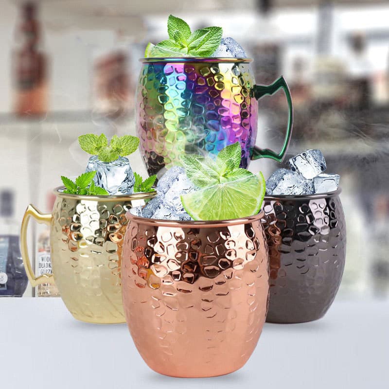 304 Stainless Steel Moscow Mule Cup, Hammered Metal Vintage Copper Mug, Drum-Shaped Cup for Music Festivals