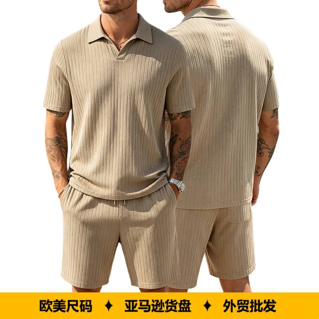 Cross-border Independent Station European and American Men's Summer Solid Color Polo Shirt Ribbed Knit Short Sleeve Shorts Casual Sportswear Set