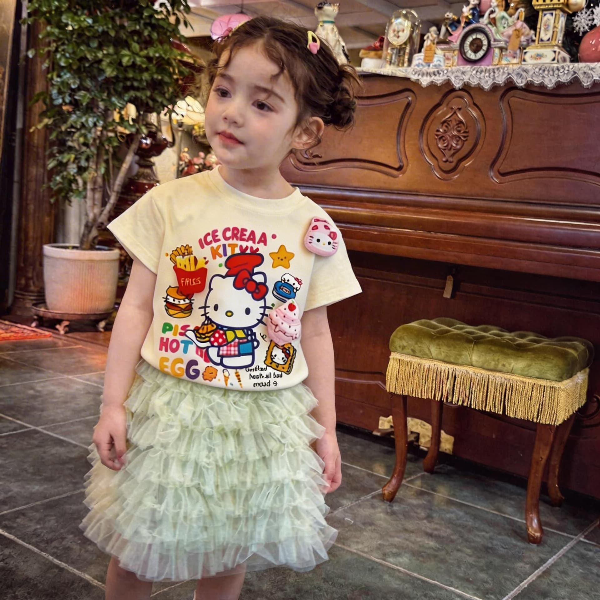 2026 Summer Kids Cotton Short Sleeve T-Shirt, Loose Korean Style Fun Plush Cake KT Kids Top Fashion