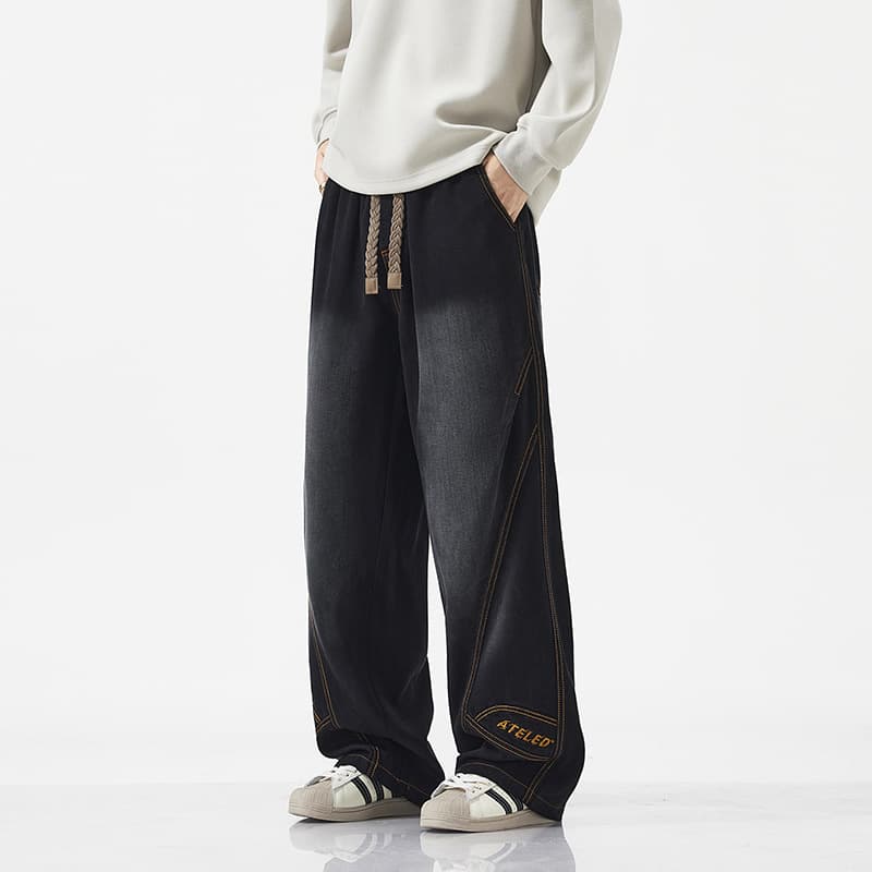 JYF-M8891 American Design Patchwork Jeans for Men Vibe Trendy Brand Stylish Loose Wide-Leg Straight-Leg Long Pants