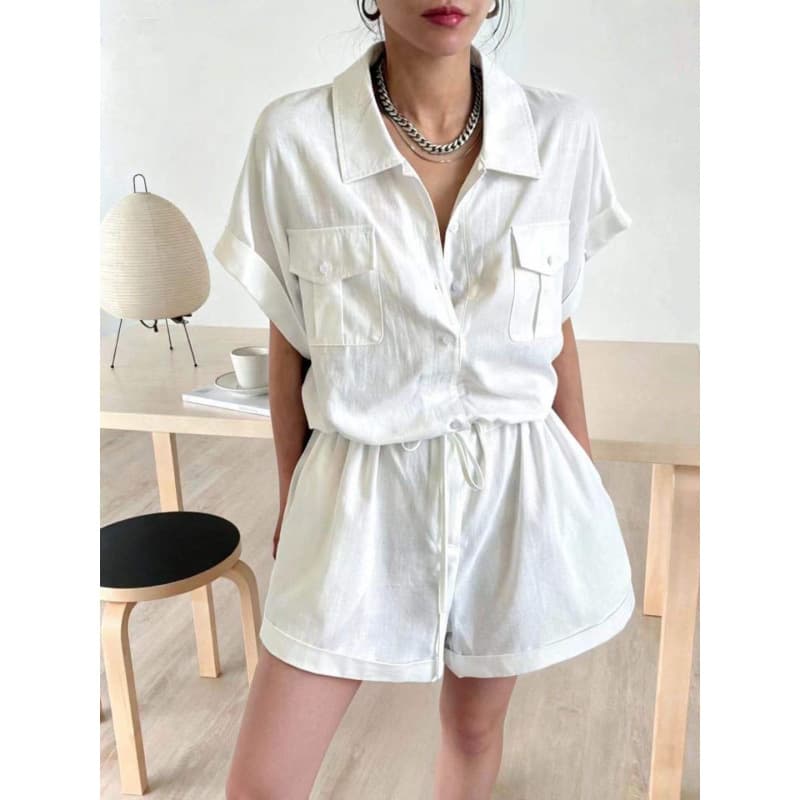 Korean chic summer fashion simple lapel loose pocket drawstring waist slimming lace-up cargo shorts jumpsuit