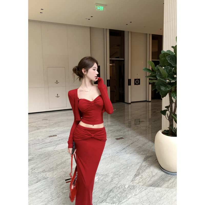 Cross-Border Chic Fashion Set 2025 Autumn/Winter New Sexy Slimming Camisole Cardigan Bodycon Skirt Three-Piece Set
