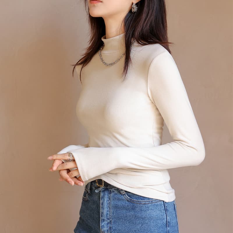Half-Turtleneck Velvet Base Layer for Women, Inner Wear Autumn/Winter Fleece-Lined Brushed Long-Sleeve Mid-Neck Solid Color Slim Fit Base Layer