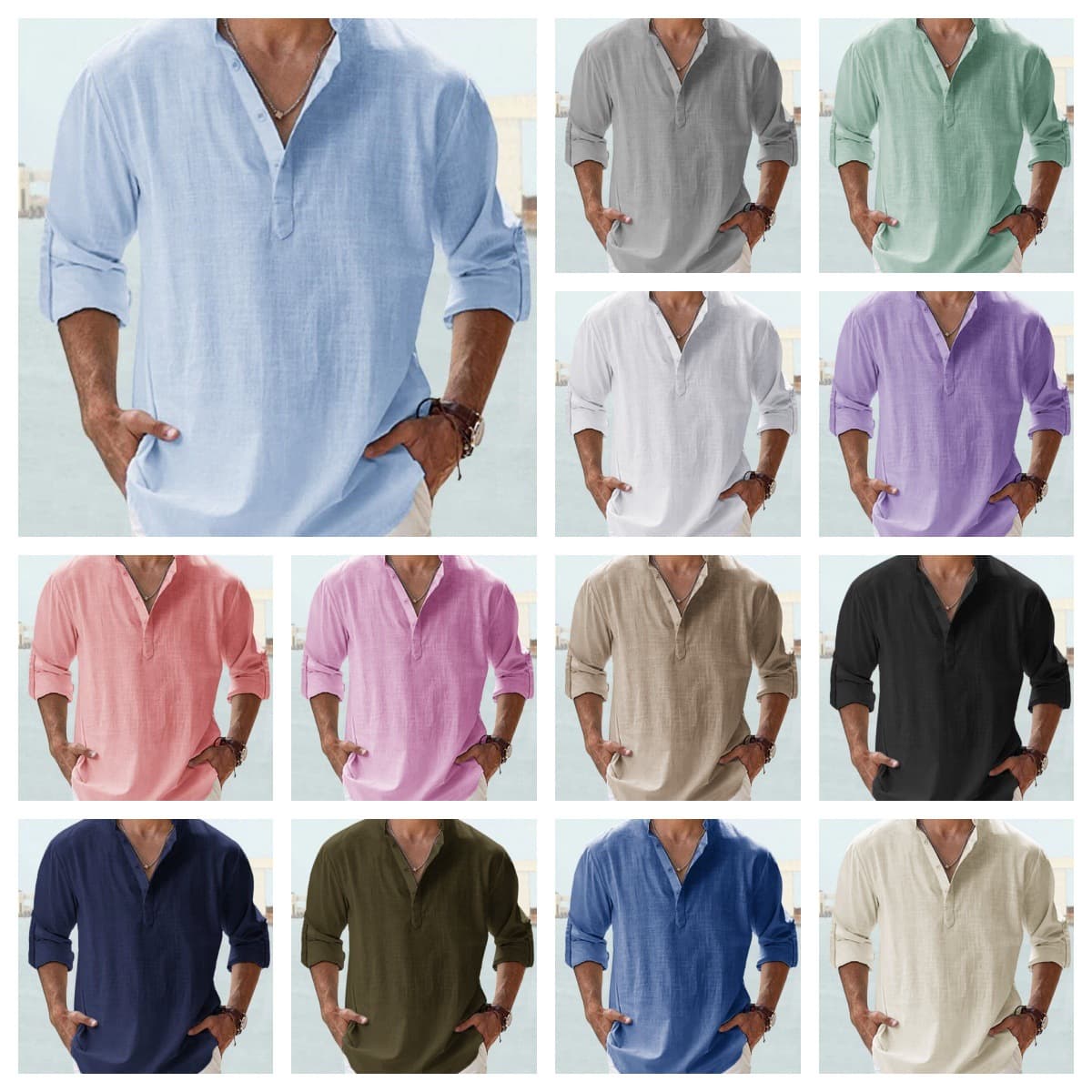 New Summer Casual Men's Loose Fit Stand Collar Sports Solid Color Long Sleeve Pure Cotton Top Plus Size Shirt In Stock