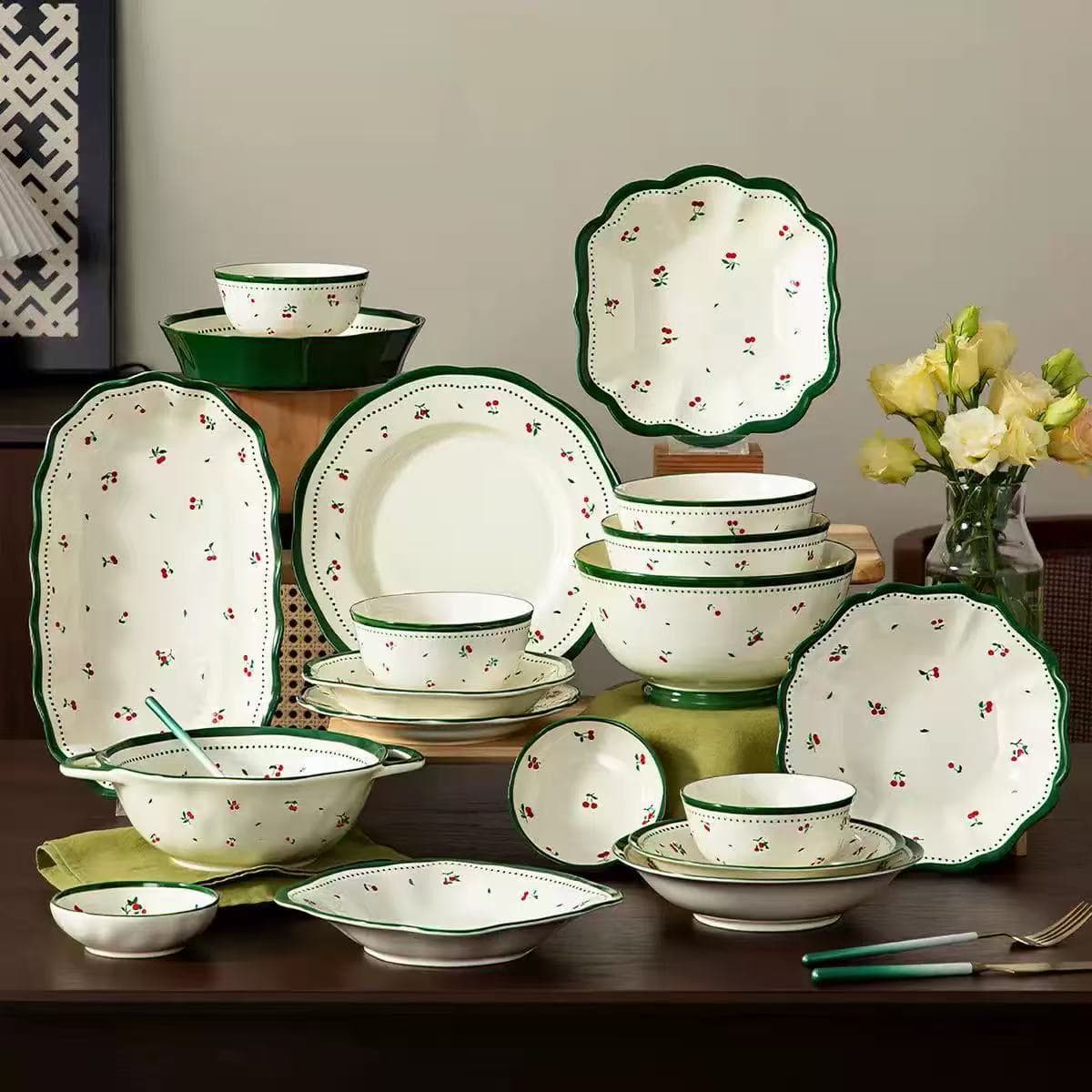 Underglaze Colored Ceramic Bowl and Plate Dinnerware Set for Home Use, Fresh Floral Design, Rice Bowl, Noodle Bowl, Dish Plate, Soup Bowl, Fish Plate