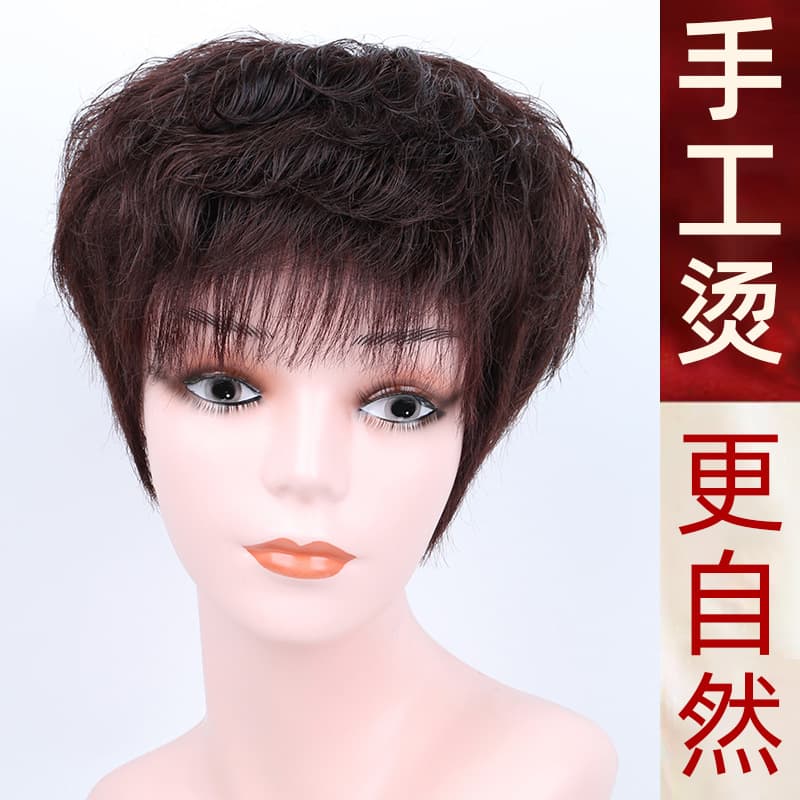Real Human Hair Hand-Tied Permed Wig Natural Gray Coverage Mother Wig Cap Middle-Aged Full Wig