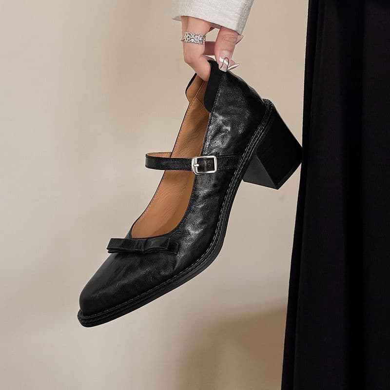 Simple Style~Butterfly Knot Chunky Heel One-Strap Buckle Elegant High Heels, 2026 Autumn Sheepskin Chunky Heel Comfortable Flats
