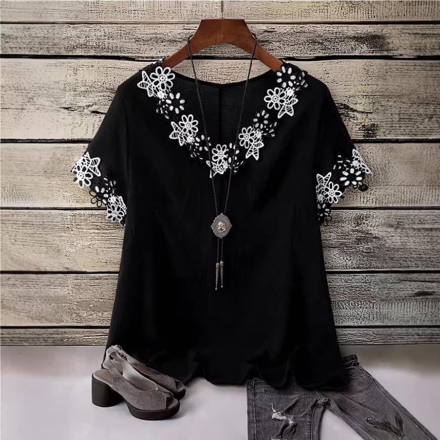 2026 European and American Plus Size Women's Summer TEMU Cross-border Lace Trim Blouse