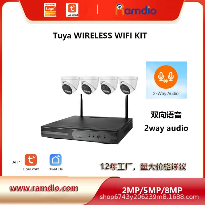Tuya 4ch 5MP WiFi NVR Kit 4-Channel Two-Way Audio Tuya Dome Camera Wireless Set