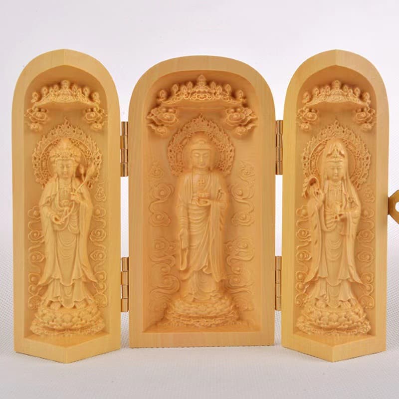 Boxwood Carving Buddha Statue Western Three Saints Guanyin Bodhisattva Fu Lu Shou Ornament Cypress Root Handheld Craft