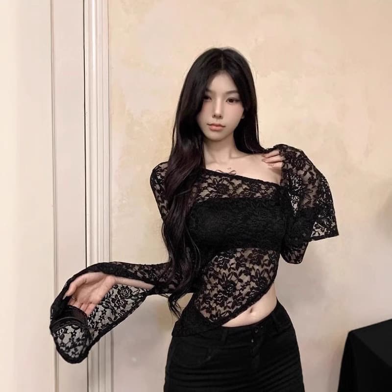 Hot girl pure lust style oblique shoulder long sleeve irregular short lace spring and autumn new slim off-shoulder trumpet sleeve top