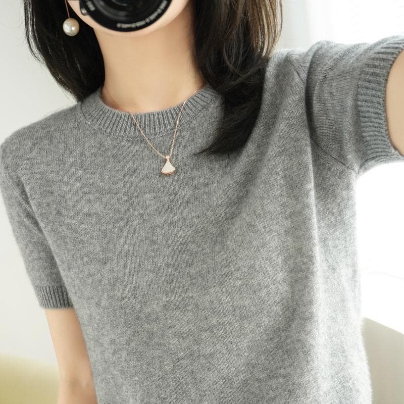 Spring Summer New Knitted Loose Women's T-shirt Crew Neck Short Sleeve Overhead Sweater Base Shirt Half Sleeve Big Size
