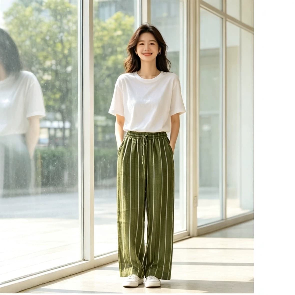 Summer new loose casual pants trousers yarn-dyed green stripes relaxed hot style