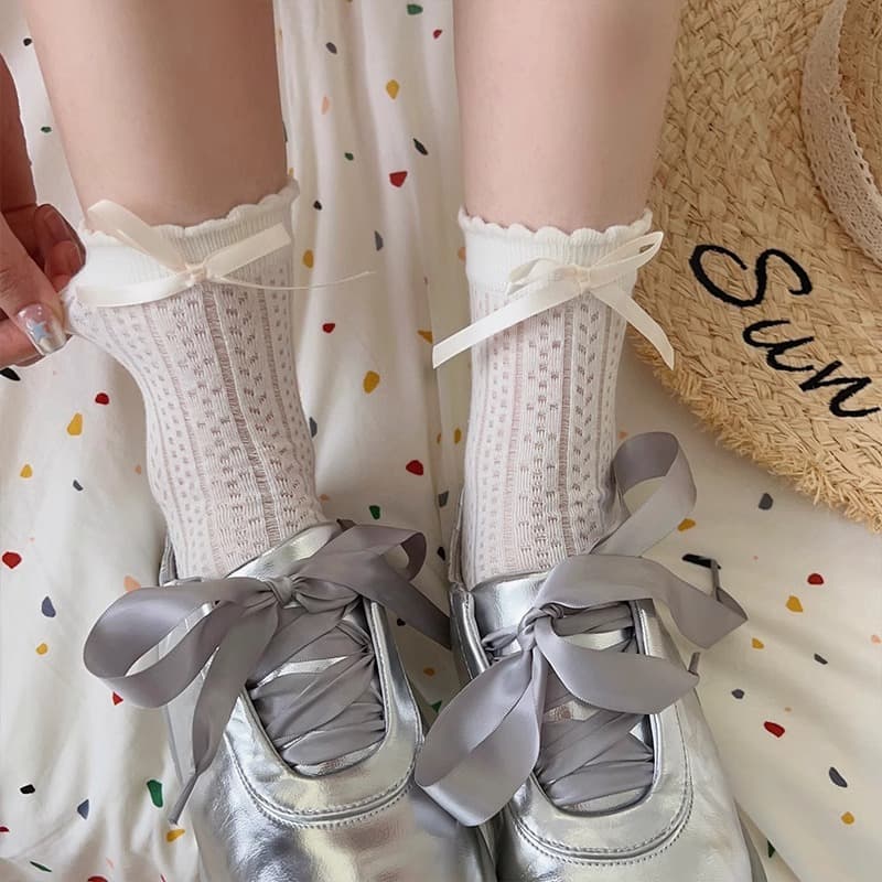 Ribbon Bow Hollow White Socks for Women Mid-Calf Ins Fashion Cotton Summer Thin Japanese JK Stacking Socks