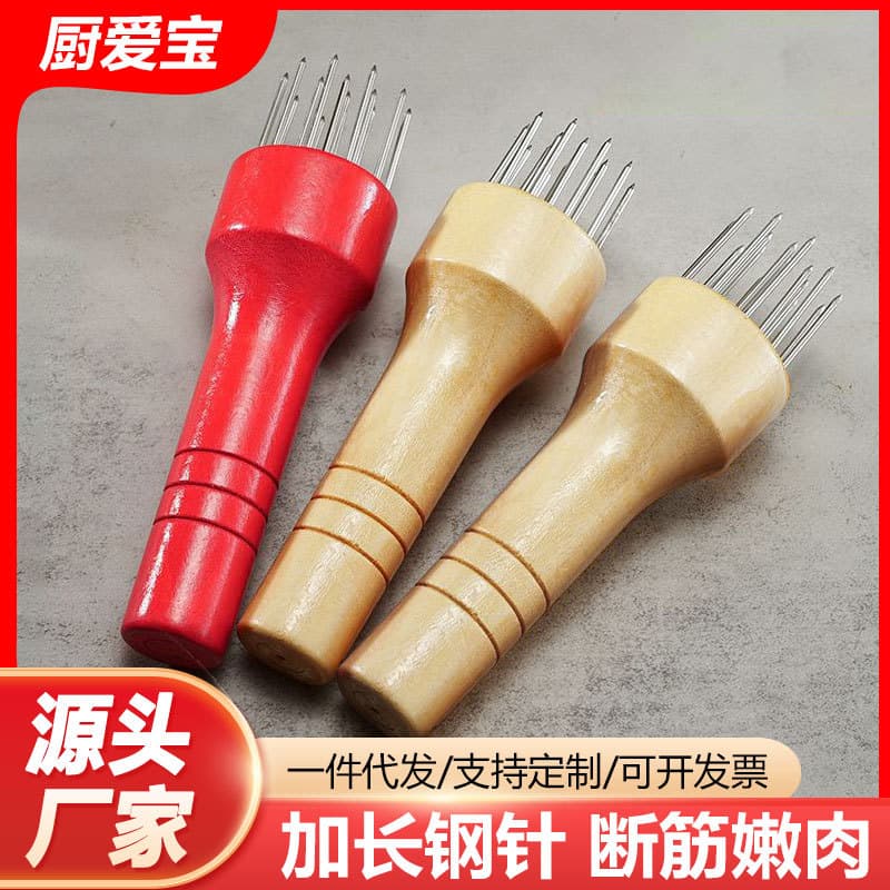 Stainless Steel Meat Tenderizer Needle Steak Piercer Meat Roasting Tool Solid Wood Handle Meat Pricker Tendon Breaker Steak Hammer Tool