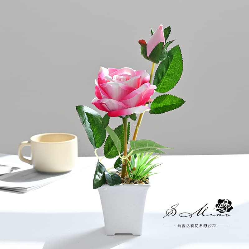 Artificial Flowers Two-Head Velvet Rose Bonsai Decoration Photography Prop Fake Plants Wedding Flower Arrangement Simulated Potted Plant
