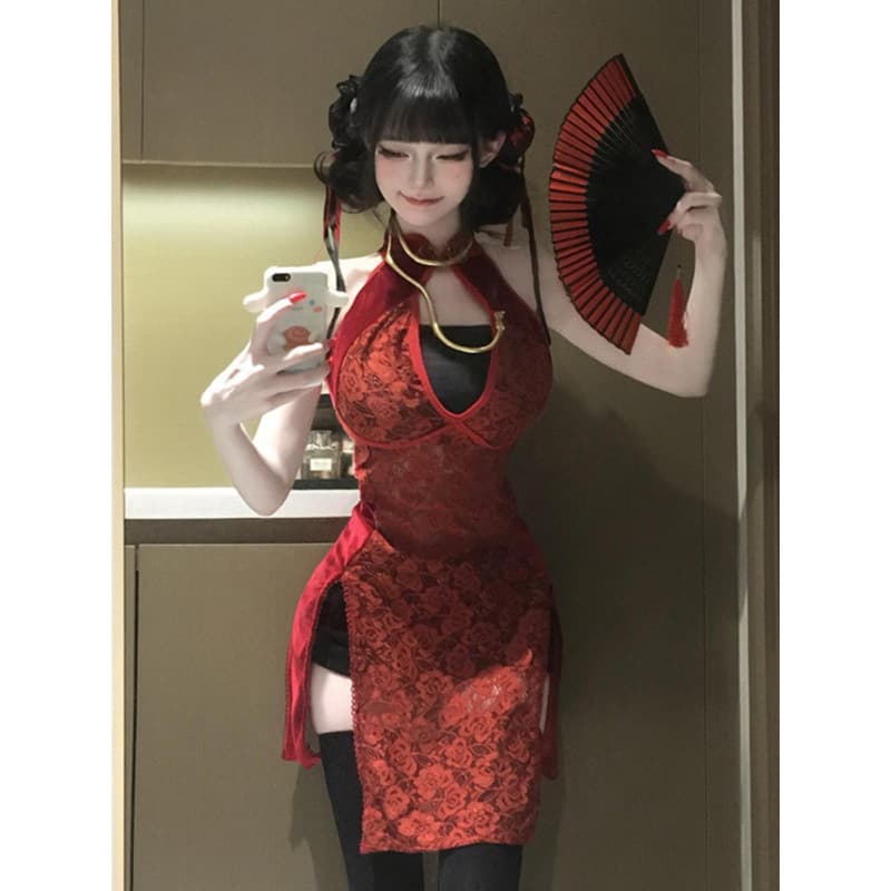 Improved Slit Pure Desire Hot Girl Short Dress New Chinese Style Sexy Lace Sheer Cheongsam Dress for Women