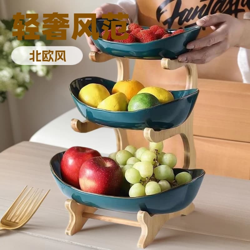 Multi-layer Fruit Tray Stand, Wooden Double-layer Fruit Storage and Draining Tray, Bamboo Wood Cake Stand