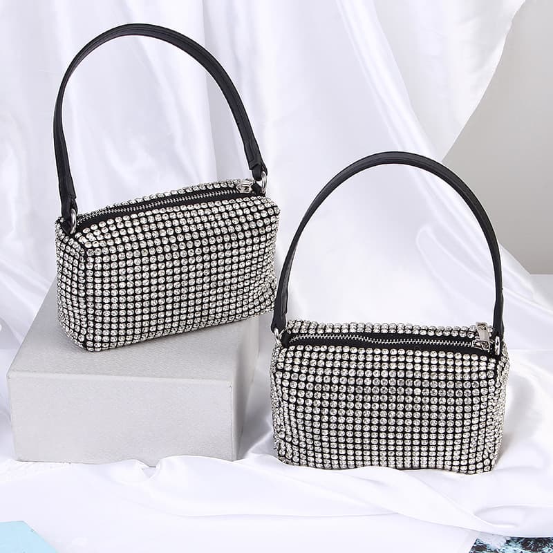 Trendy Diamond Embellished Bag Underarm Evening Diamond Bag Fashionable Handheld Polyester Material Square Shape Synthetic Leather Lining