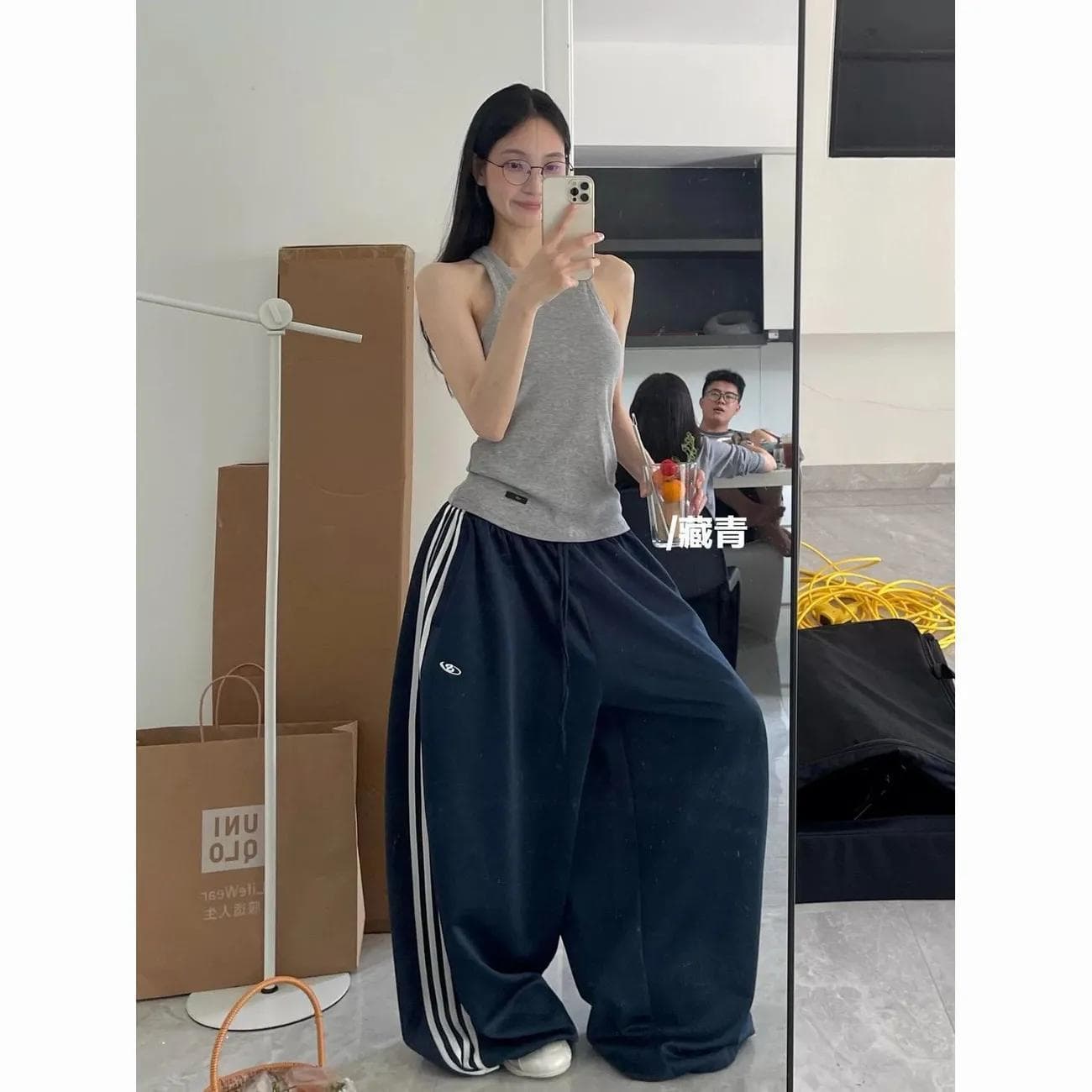 American retro sports style striped splicing wide-leg pants for women, high-waisted casual lazy style trousers, slim and loose pants