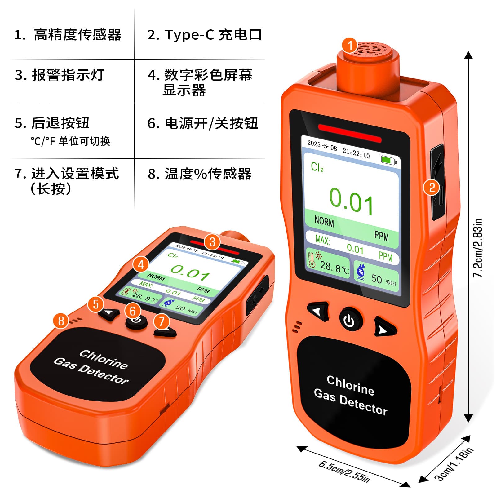 Chlorine Sound and Light Alarm CL2 Portable Gas Leak Detector