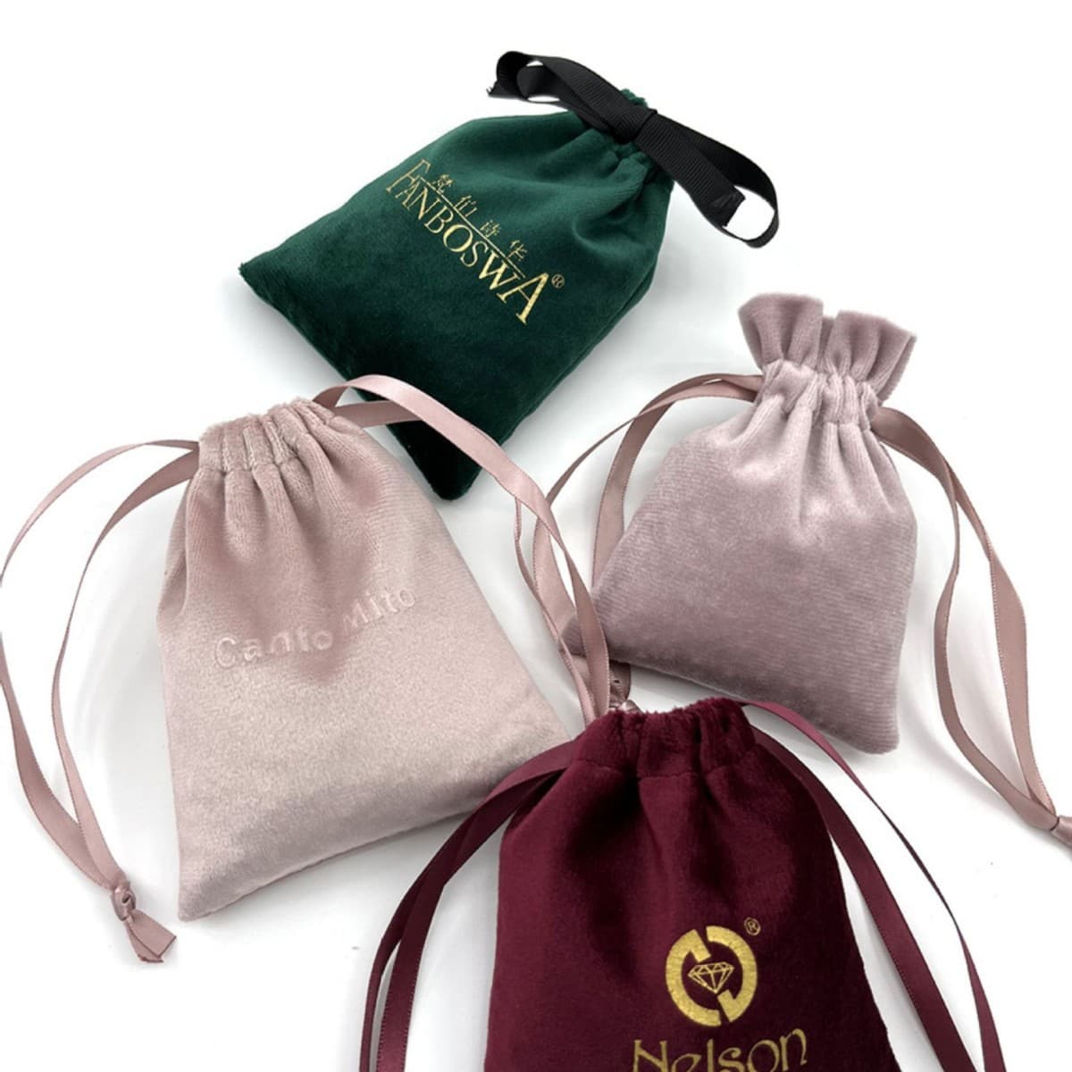 Custom-made Japanese sex toys, including men's and women's velvet storage bags for couples.