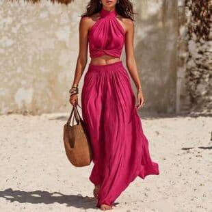 2026 Amazon Independent Store Hot Women's Casual Vacation Style Halter Twist Crop Top Wide Leg Long Skirt Set