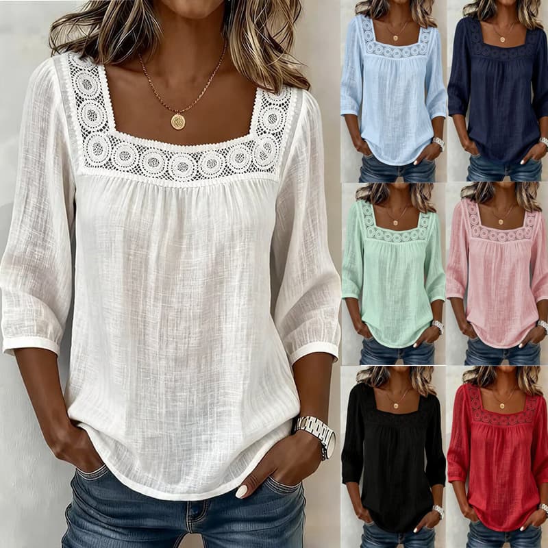 2026 Cross-Border Amazon New Summer Solid Color Casual Square Collar Lace Splicing Three-Quarter Cotton and Linen Short-Sleeved Top for Women