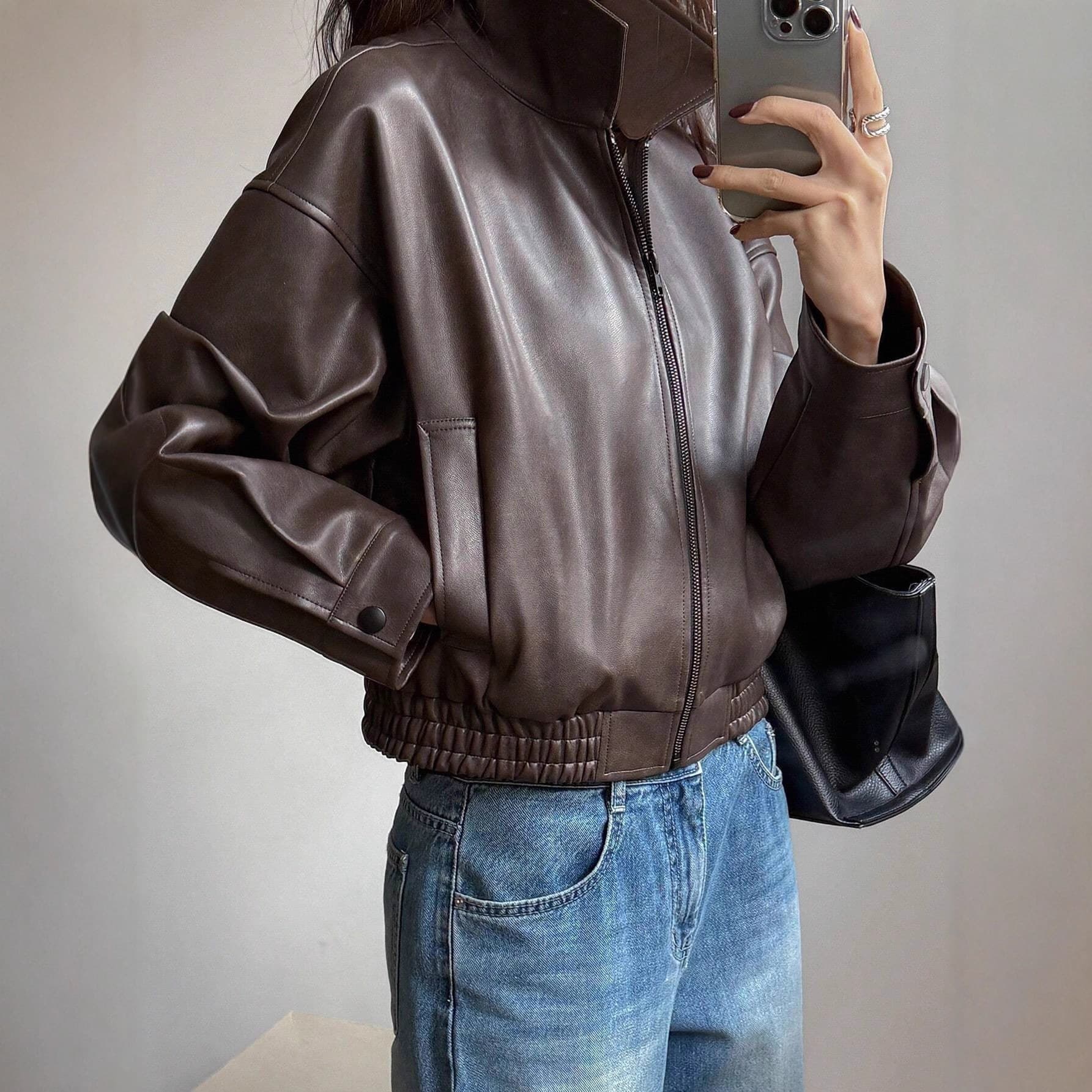 Cross-border Amazon Europe and America Women's PU Leather Jacket Motorcycle Vintage Long Sleeve Coat Fall Winter New Arrival