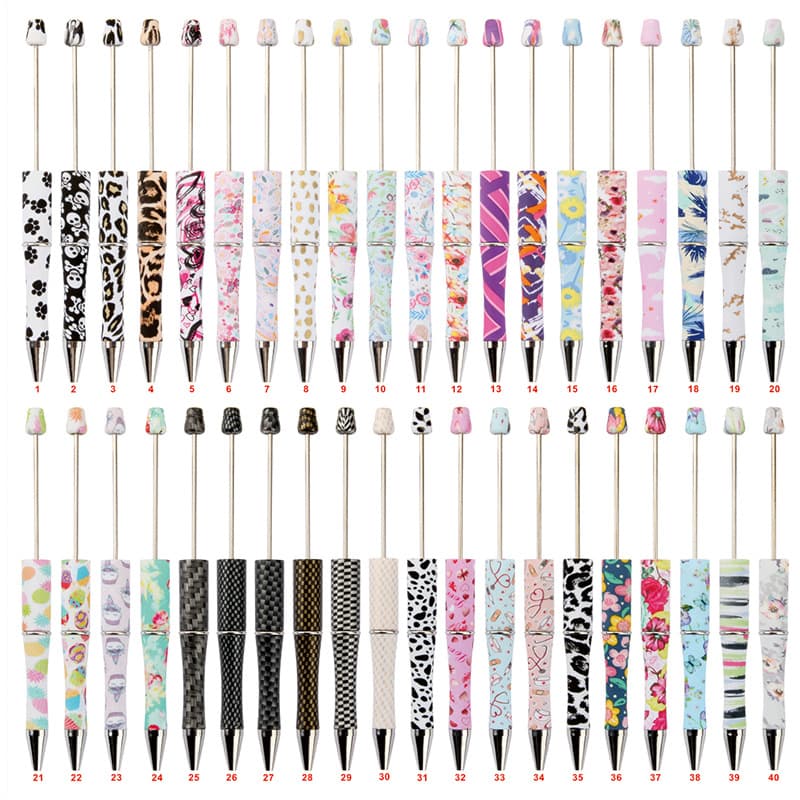 Printed Pattern DIY Beaded Pen Creative Plastic Beads Educational Leopard Floral Cow Tiger Stripe Beaded Pen Wholesale