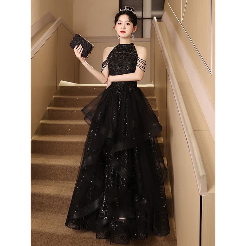 Black halter neck host banquet dress, light luxury, high-end coming-of-age ceremony, graduation, advanced sense, art exam, dignified and elegant