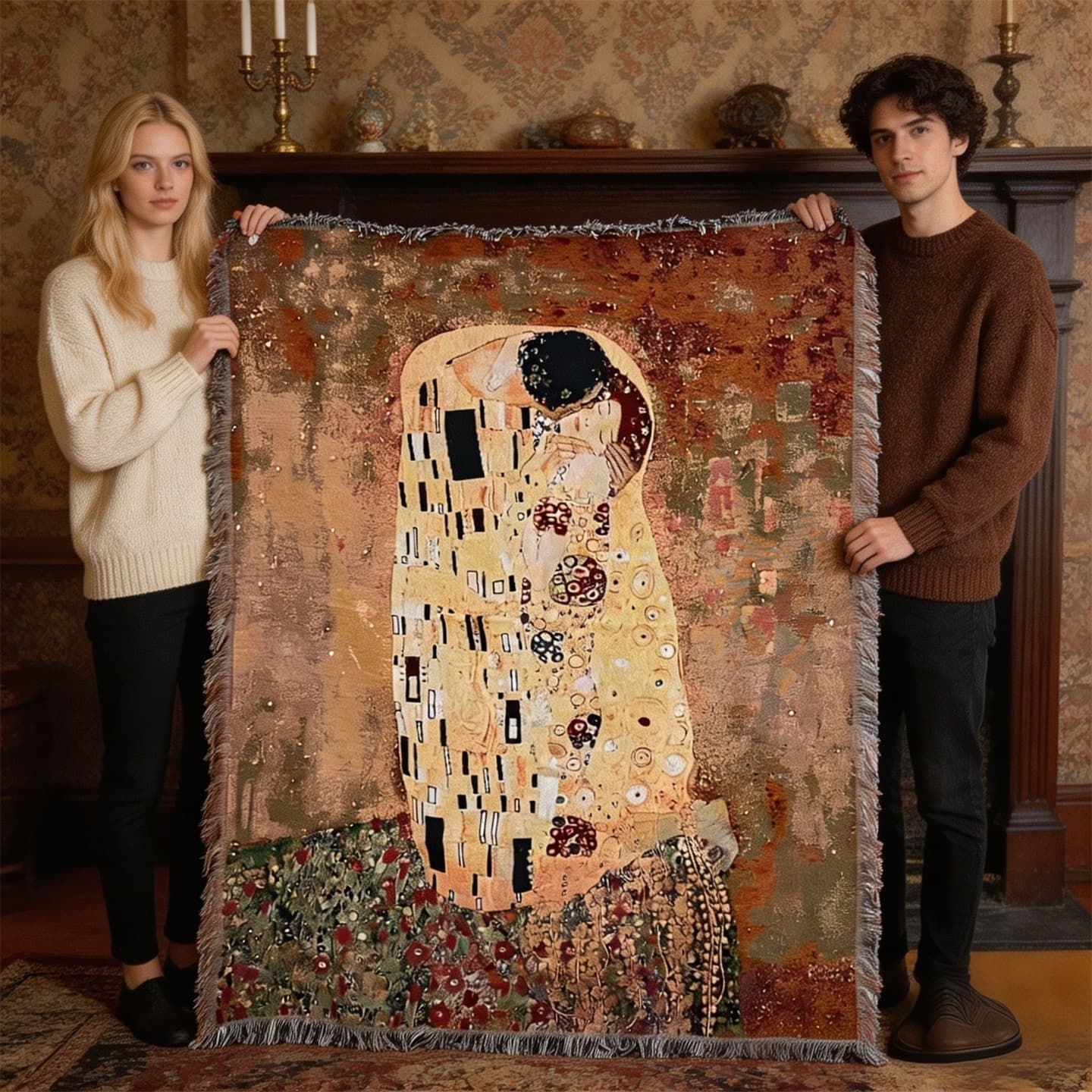 2026 Klimt Kiss literary style tapestry background cloth oil painting blanket TAPESTRY THROW shawl blanket