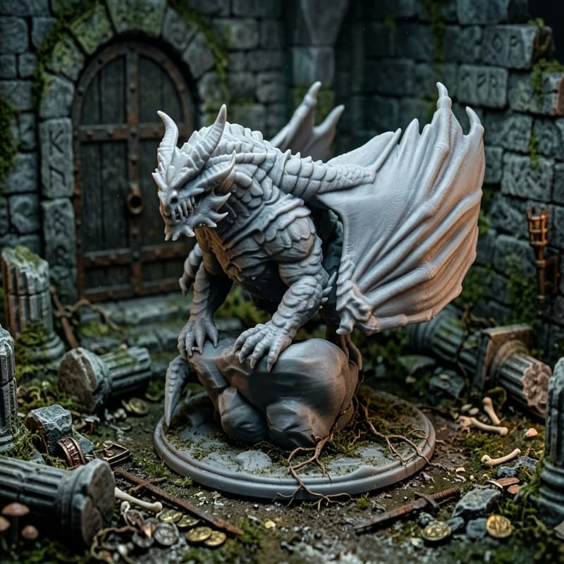 3D printed dragon-shaped miniature ornament perched on a rock. The small statue is an ideal gift for collectors and players.