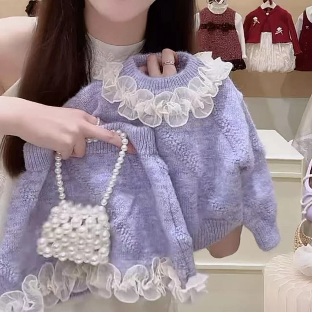[Tian Xiaosi] 2025 Winter Girls Super Fairy Little Fragrance Style Lace Sweater Short Skirt Knit Two-piece Stylish Set