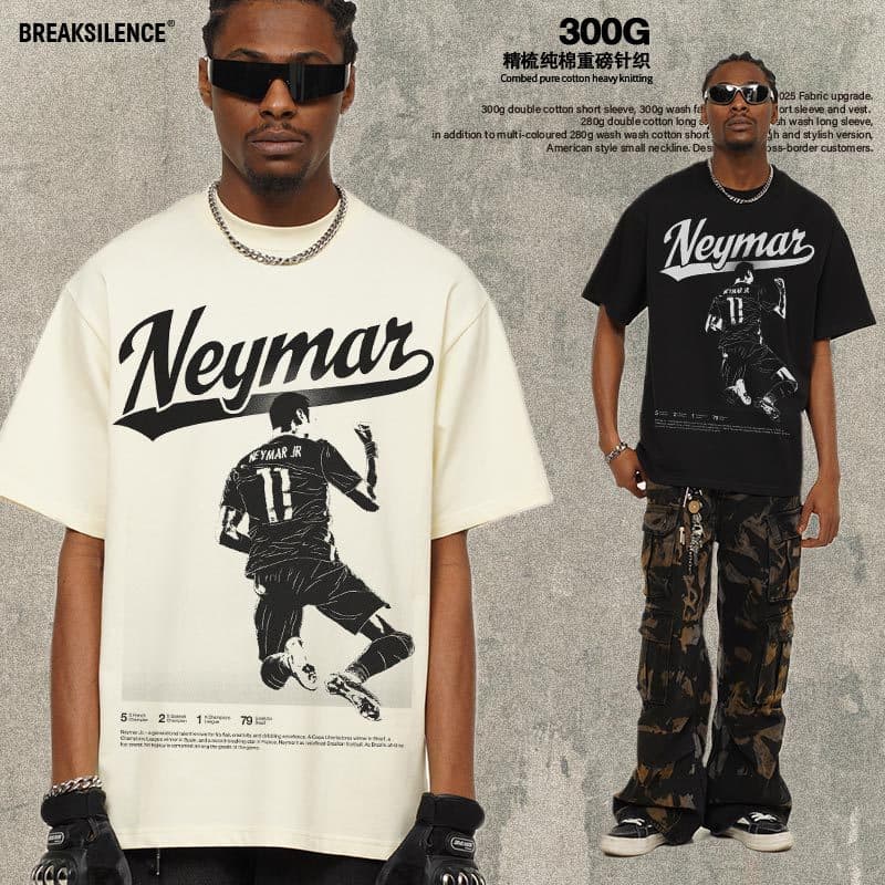 2025 Cross-border Neymar Bootleg American Street Print Heavyweight Sweat-Absorbing Breathable Short Sleeve